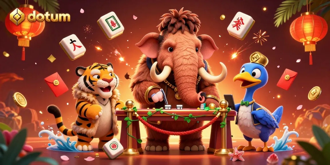 Experience thrilling gameplay at datum with a vibrant 3D casino scene featuring unique characters and festive elements.