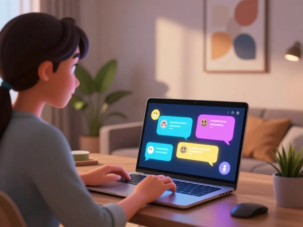 Engaging AI porn chat scene with animated character and user interaction in a cozy digital space.
