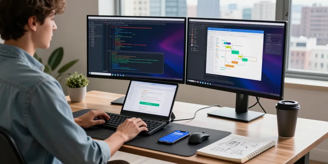 Build internal tools with AI in a vibrant software development workspace featuring a developer coding at dual monitors with natural light.