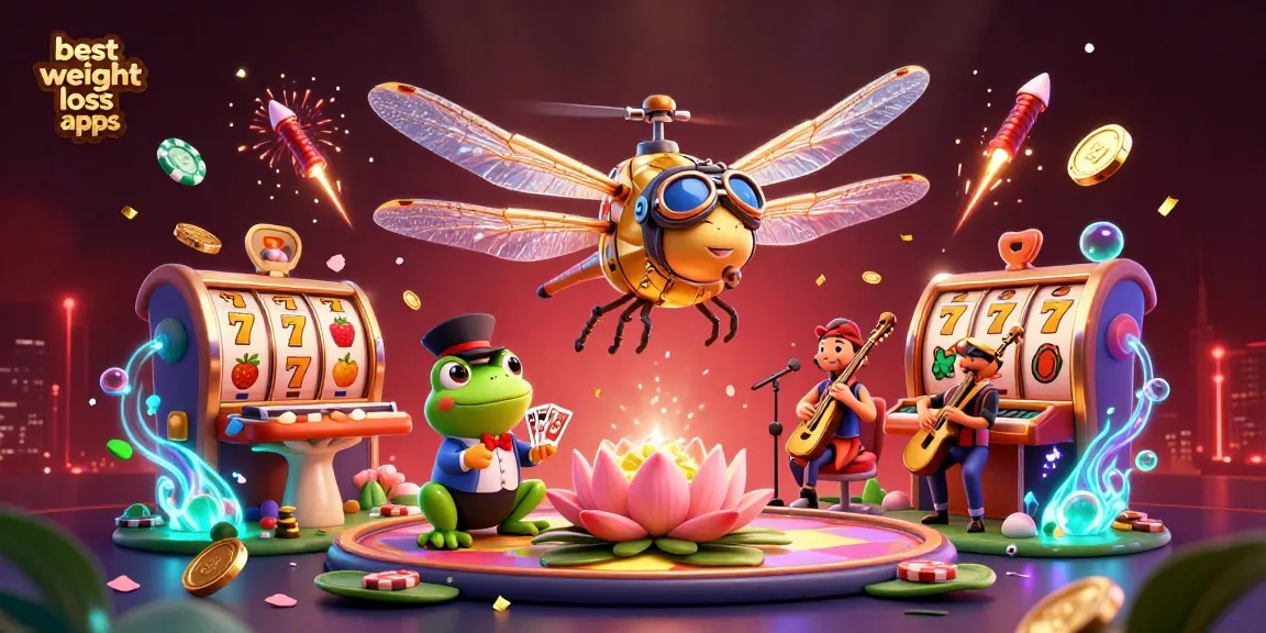 Experience the best weight loss apps with vibrant casino elements and a lively dragonfly pilot scene.