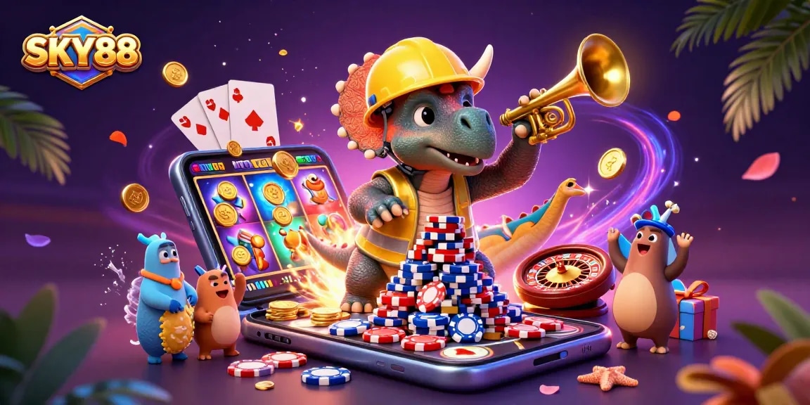Cheerful SKY88 scene involving a triceratops building poker chip pyramid with celebration elements.