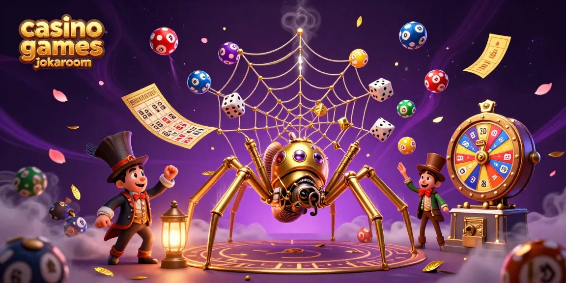 Engage in casino games jokaroom with a whimsical steampunk spider and a trapped fly gentleman.