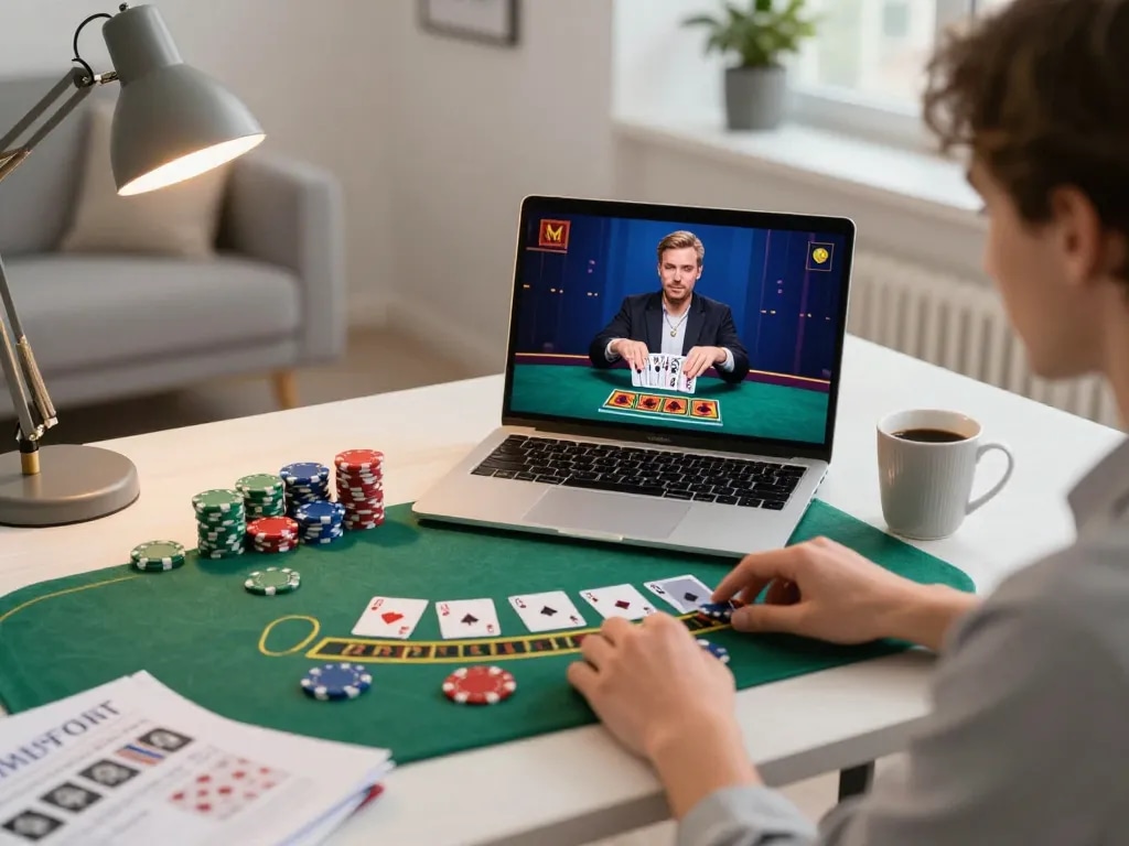 Engaged player navigating 88bet live blackjack from a stylish home workspace, showcasing strategic gameplay.
