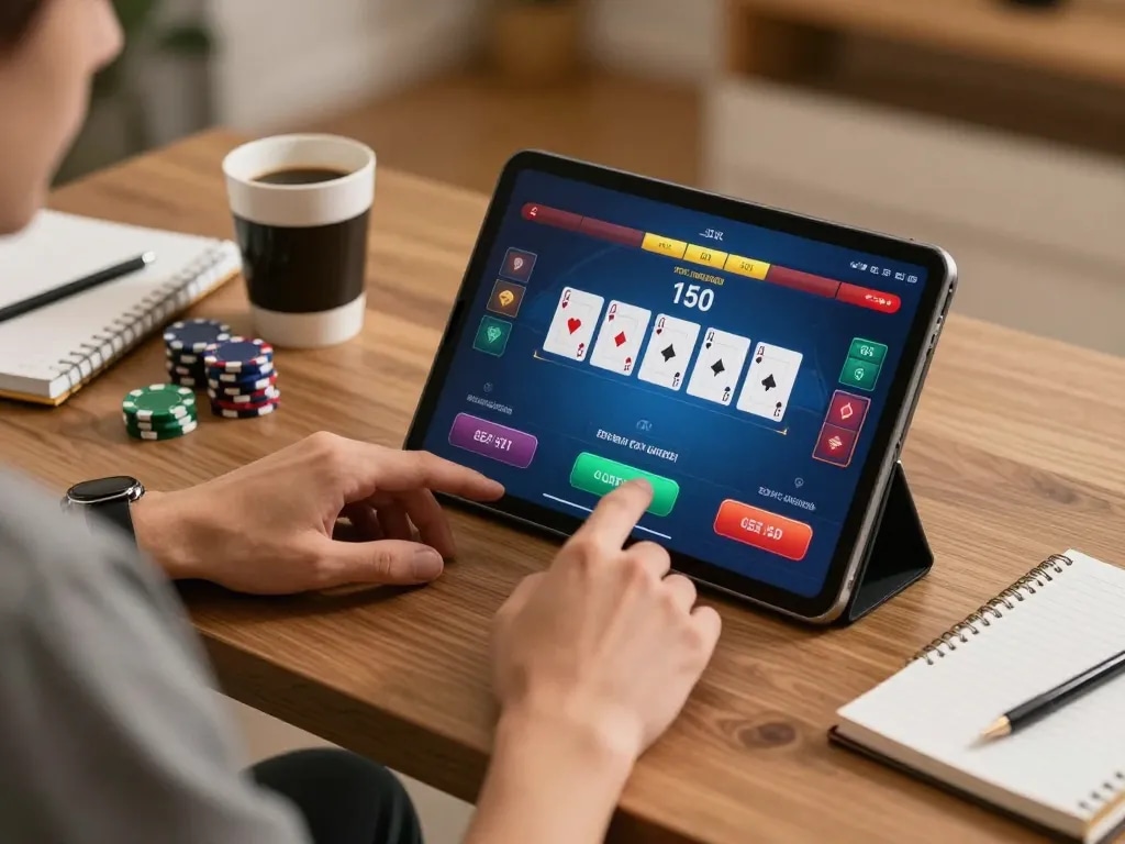 S8 players strategizing on poker apps, showcasing online gaming excitement in a cozy atmosphere