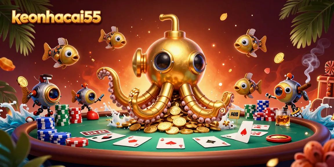 Experience the thrill of keonhacai55 with a vibrant casino scene featuring a golden kraken submarine.