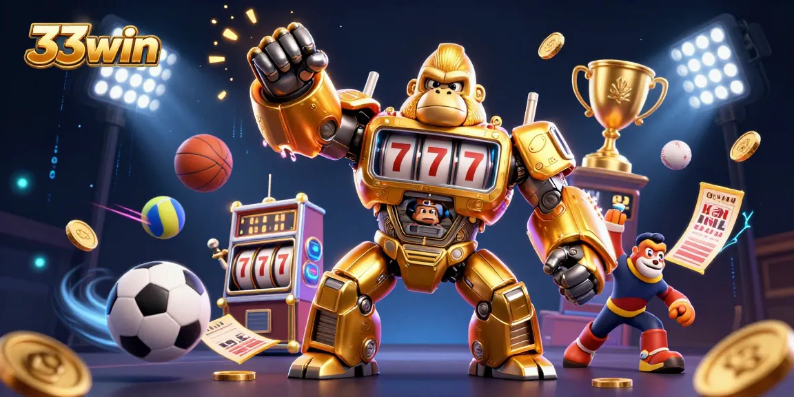 33win's dynamic gambling scene showcasing a golden mech and sports elements in action