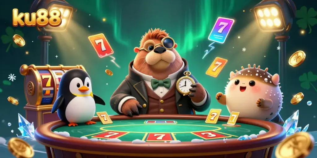 Experience the thrilling ambiance at ku88, where a jolly walrus engages in poker at an underwater casino table.
