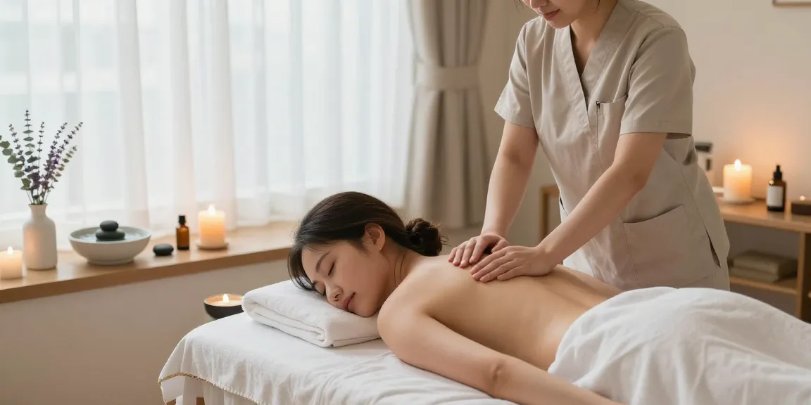 Relaxing 남양주출장마사지 treatment in a serene spa environment with soothing decor and warm light.