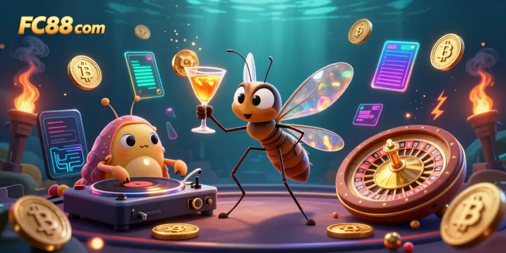 Spin to win with FC88 com, featuring animated casino characters and vibrant game elements.