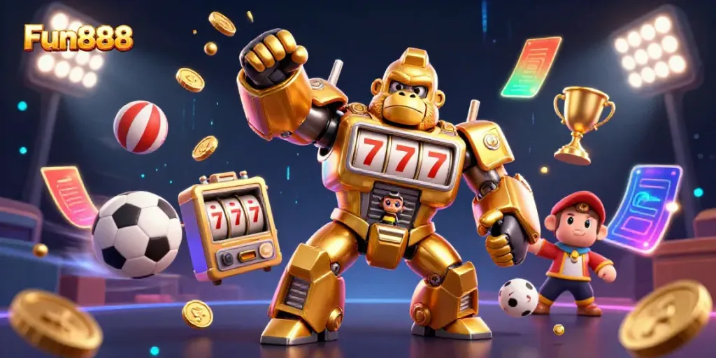 Watch Fun888’s golden gorilla mech soar high with coins in an exciting casino-themed scene.
