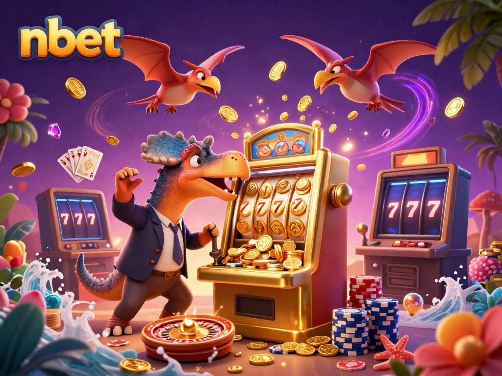 Experience the thrill of nbet with a playful illustration of a dinosaur and casino action.