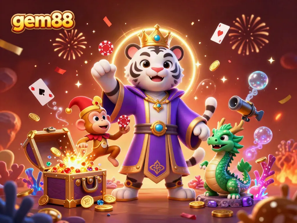 Experience thrilling casino adventures with gem88, featuring a royal tiger, playful monkey, and jade dragon in a colorful 3D scene.