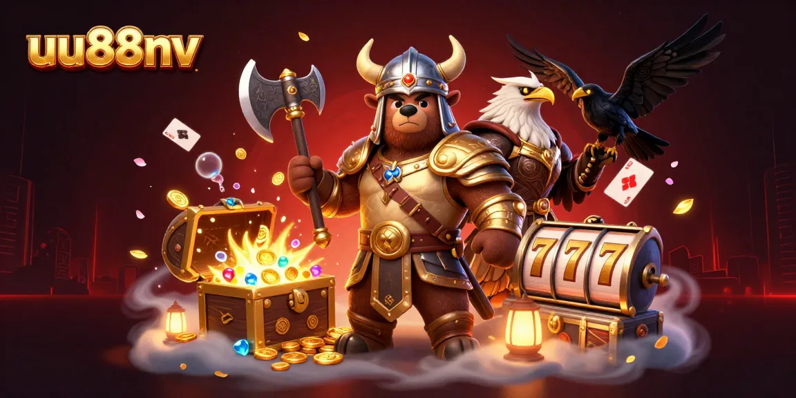 Spin the reels and win big at uu88nv, featuring dynamic 3D casino-themed characters and elements.