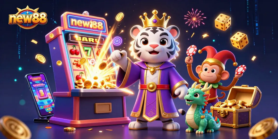 Win big with new88 at a vibrant online casino featuring lively characters and dynamic game elements.