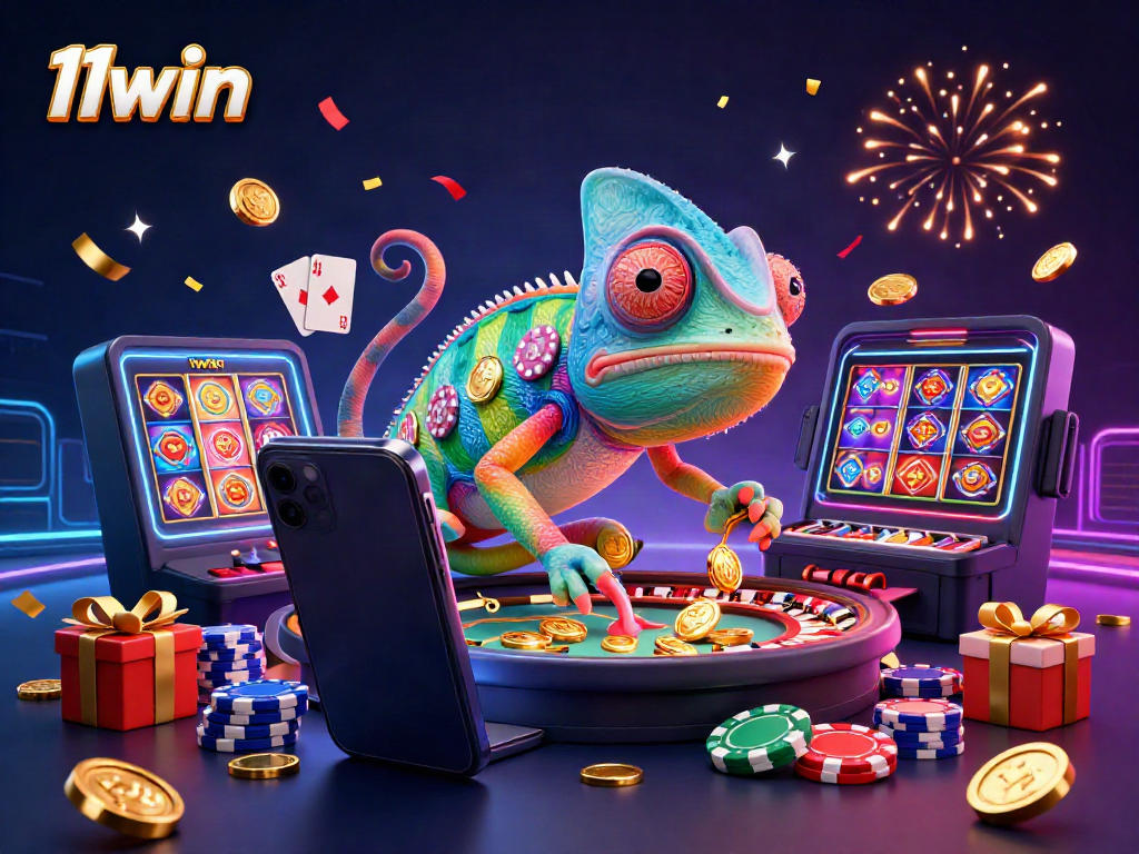 Engage in thrilling gaming action with 11win's vibrant casino atmosphere, featuring a colorful chameleon and dynamic slot elements.