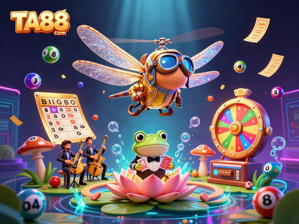 Experience the excitement of TA88 com with a dynamic casino scene featuring a dragonfly pilot and frog dealer.