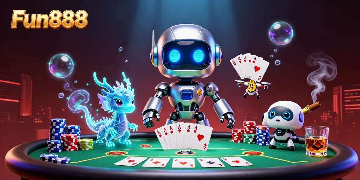 Engage with Fun888, a vibrant online casino world featuring a cyberpunk robot and a poker table.