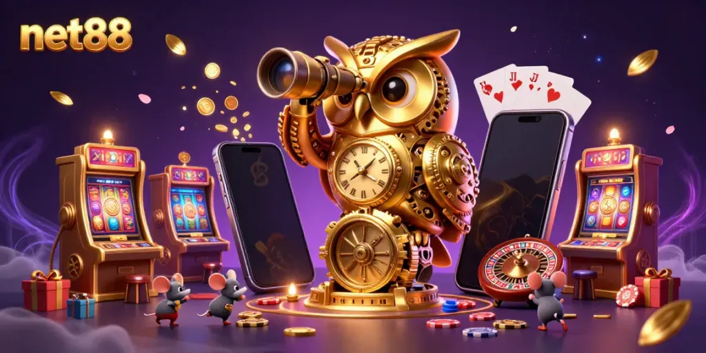 Experience the thrill of gaming at net88 with a mesmerizing casino scene featuring a clockwork owl.