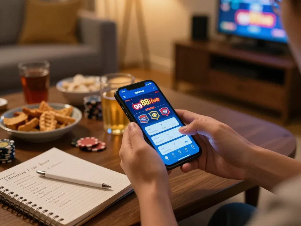 Engaging user interaction with the gg88live betting app in a cozy home atmosphere.