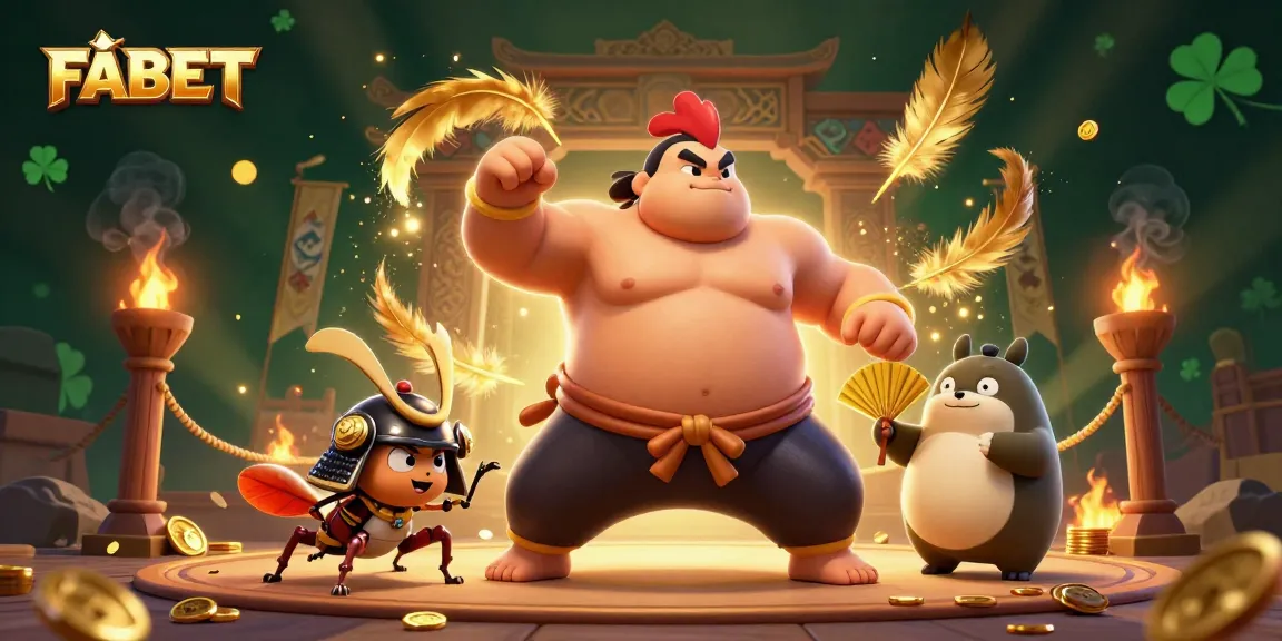 Experience thrilling gameplay at FABET, featuring a powerful sumo rooster, a fierce cricket, and a dynamic tanuki announcer.