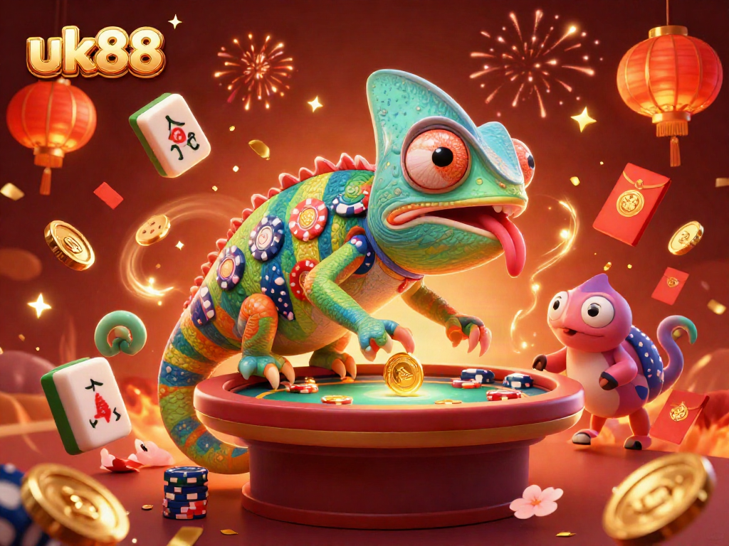 Experience the excitement of uk88 with a vibrant 3D illustration featuring a lively chameleon casino owner and festive elements.