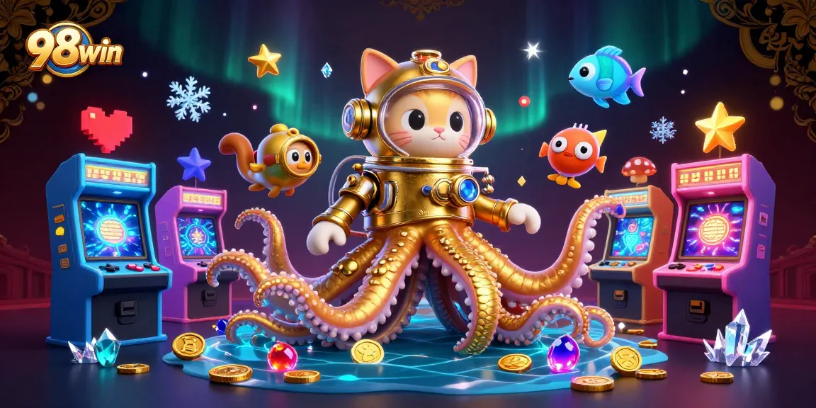 Experience thrilling gameplay at 98win featuring a kraken and diving cat in a vibrant casino scene.