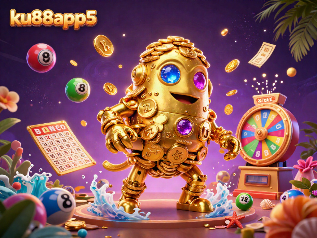 Engage with ku88app5's vibrant golden golem character amidst a dynamic casino scene.