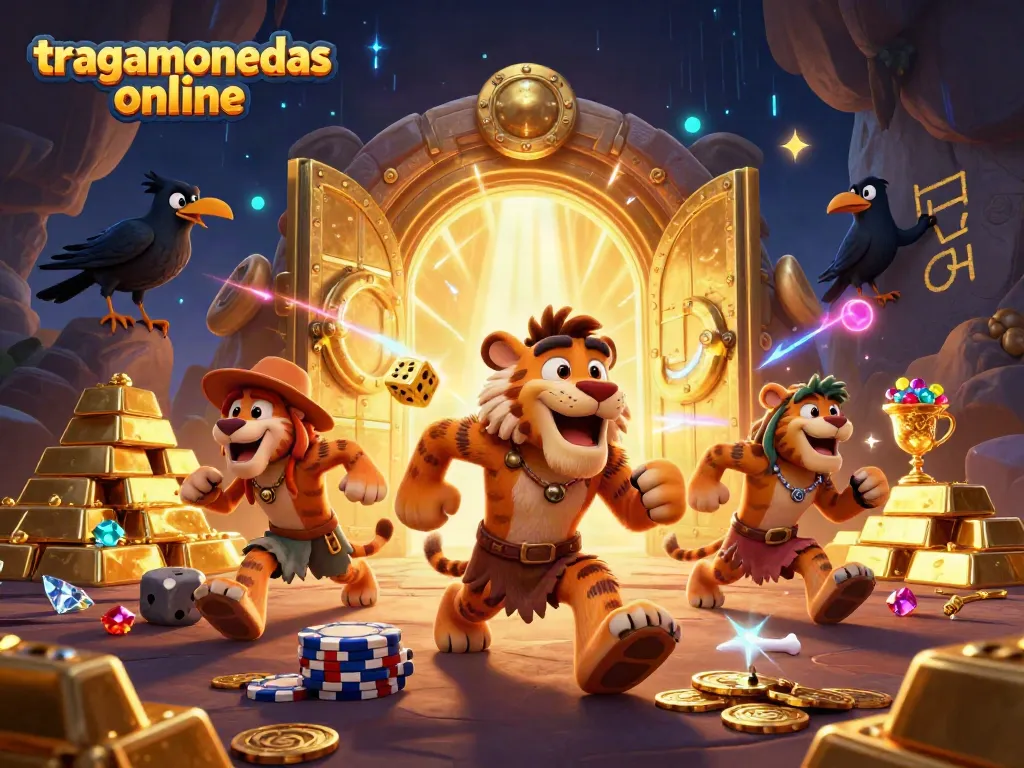 Disfruta de tragamonedas online con emoción y grandes premios en esta ilustración animada.