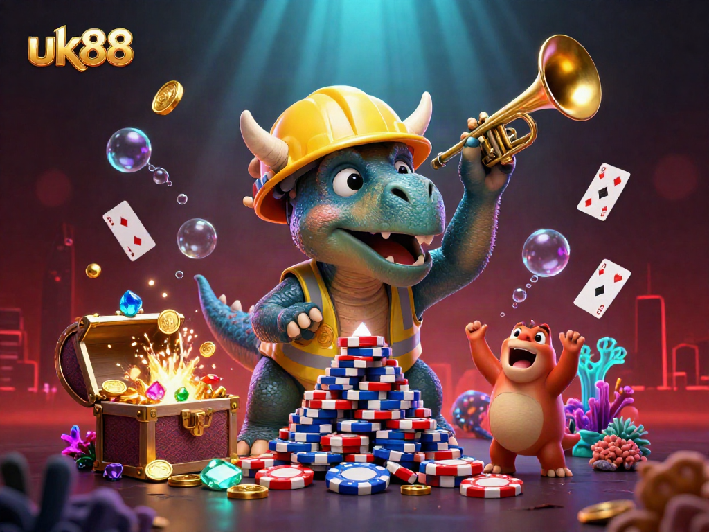 Experience the thrill of uk88 with a lively casino scene, showcasing dynamic characters celebrating a jackpot.