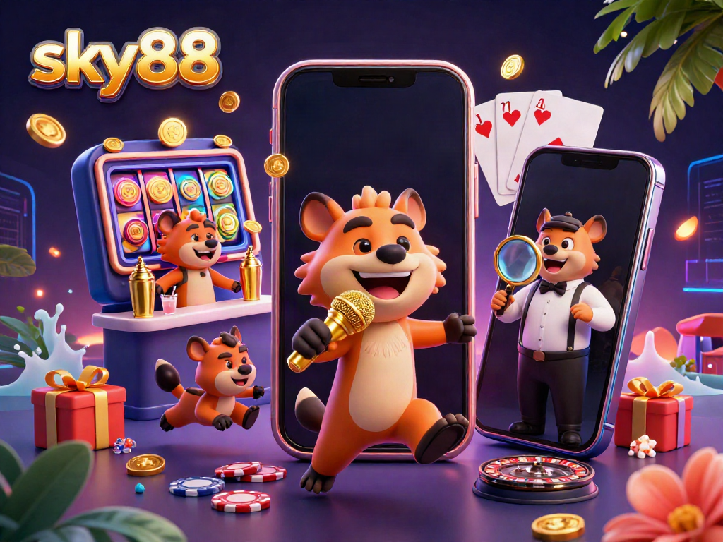 Sky88's vibrant casino scene with hyenas, epic slot games, and lively characters
