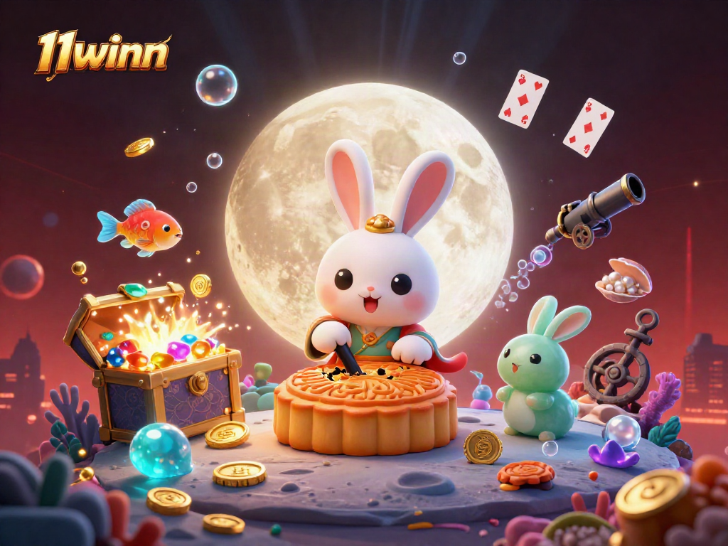 Engage with 11winn in this vibrant 3D casino scene featuring a moon rabbit revealing poker chips.