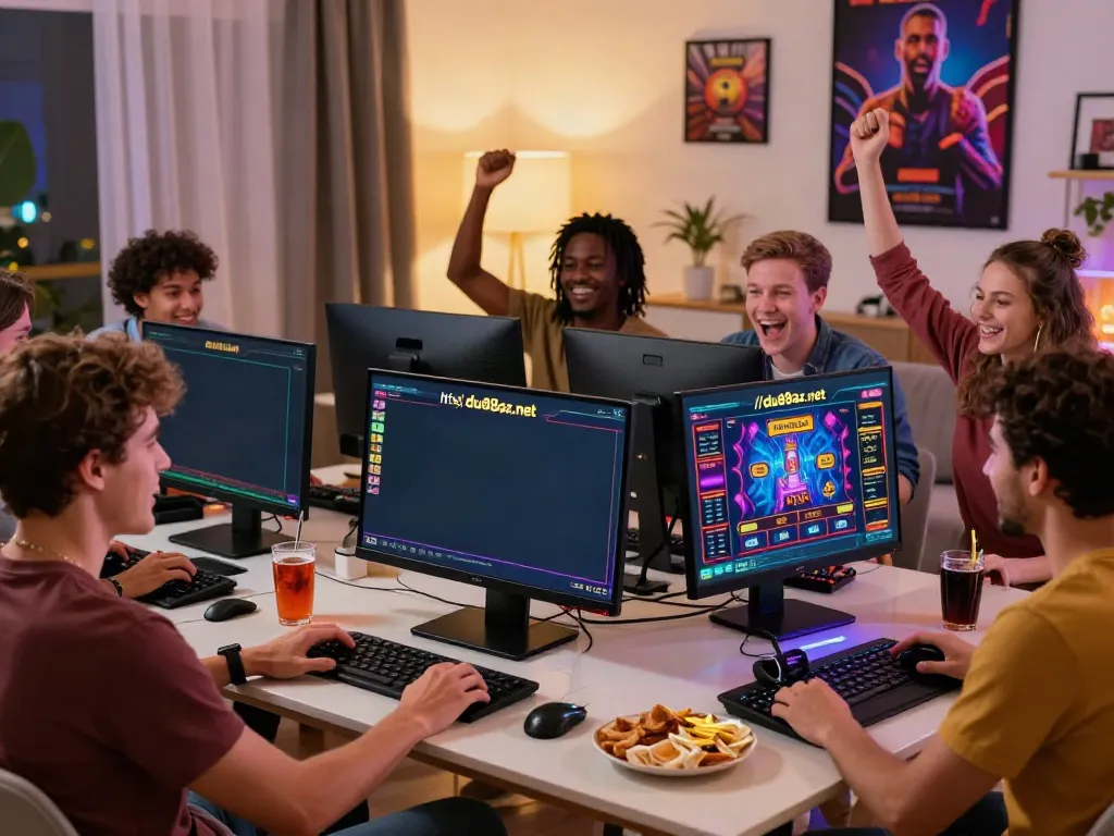 Friends enjoying a gaming session on https://du88az.net/ in a cozy living room.