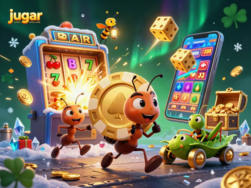 Jugar casino online Chile: Hormigas llevando un fichas de póker en una escena de casino vibrante con tragamonedas coloridas.