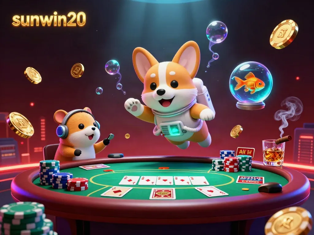 Experience the excitement of winning with sunwin20 in this vibrant 3D casino illustration featuring a floating astronaut corgi.