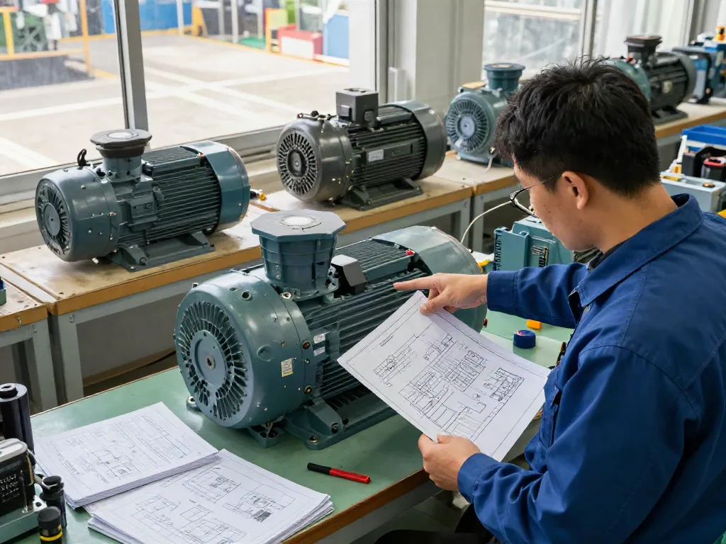 Motores eléctricos en Venezuela en taller industrial con ingeniero revisando motores eléctricos y planos técnicos.