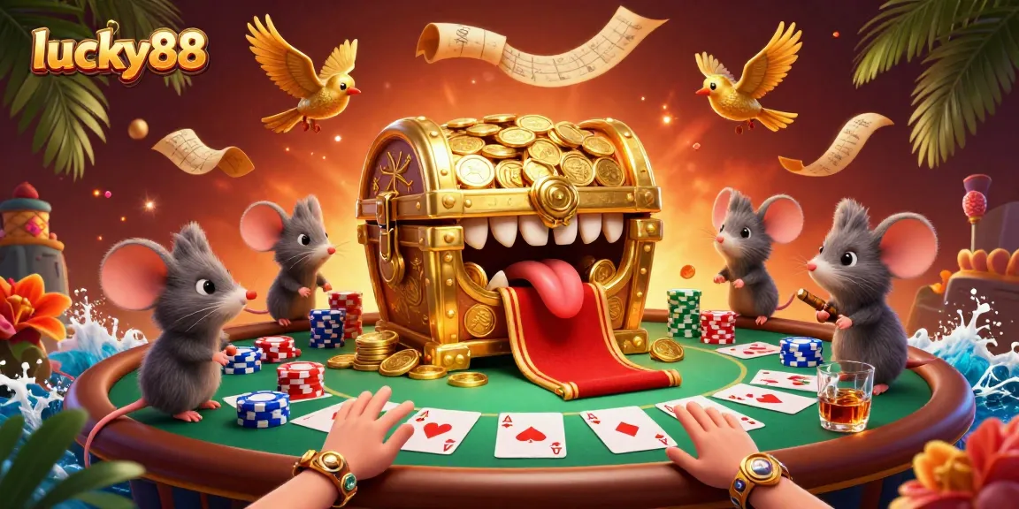 Engage in the excitement at lucky88 with colorful poker chips and playful characters in a vibrant casino scene.