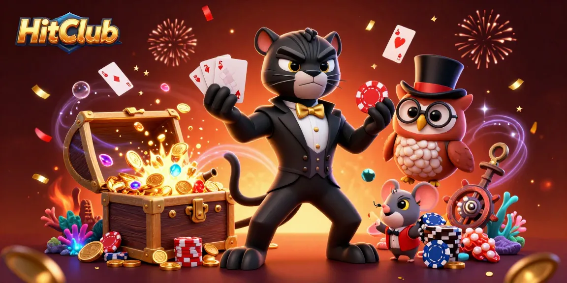 Engage with HitClub's vibrant casino scene featuring a stylish panther dealer, an owl with chips, and a lucky mouse among colorful game elements.