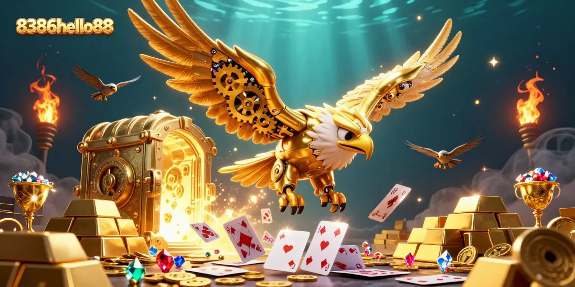 Engage with 8386hello88 in a vibrant 3D scene showcasing a cybernetic eagle amidst casino treasures.