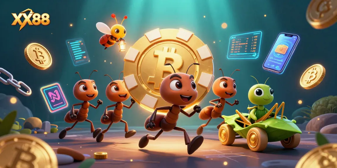 Experience an exhilarating XX88 gaming adventure with ants carrying a giant poker chip in a vibrant casino heist scene.