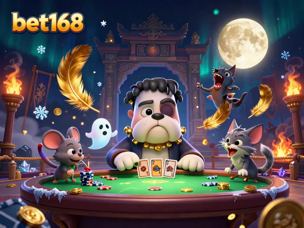 Experience the excitement of bet168 with a colorful scene featuring a Frankenstein monster dealing cards.