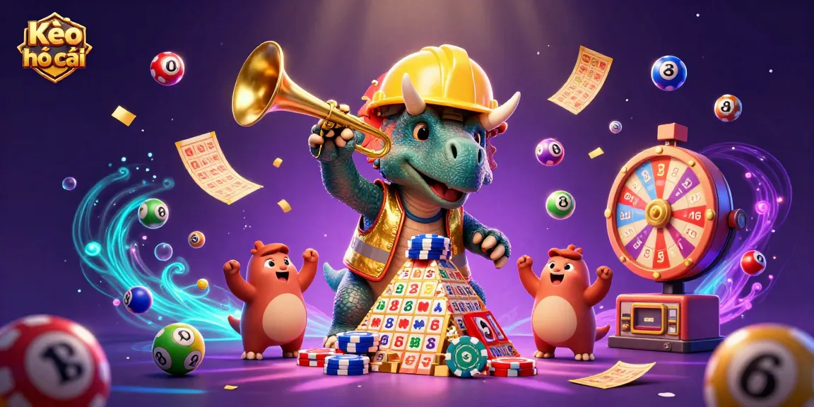 Kèo nhà cái showcases a triceratops building poker chips with lively actions and colors for a fun gaming scene.