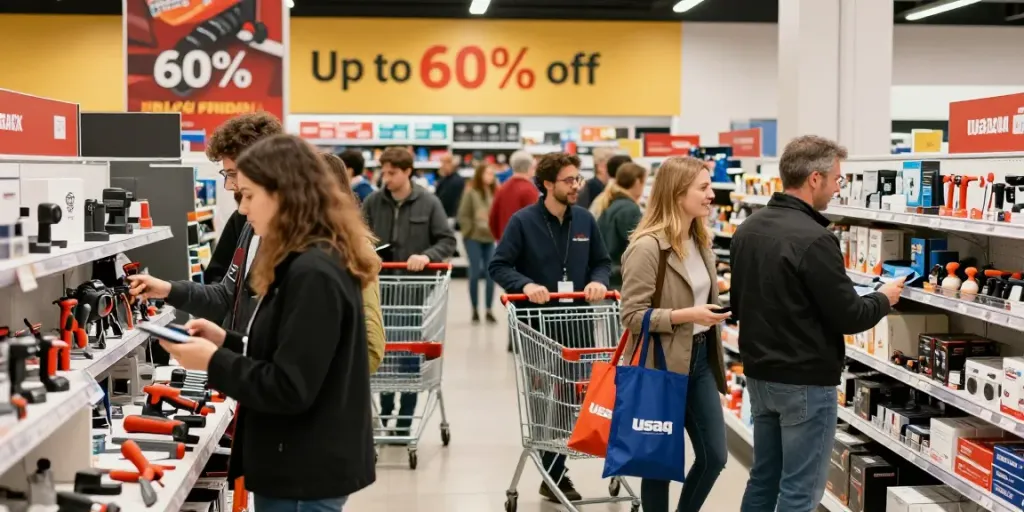 Compradores emocionados explorando ofertas del Black Friday Usag en tienda repleta de herramientas profesionales.