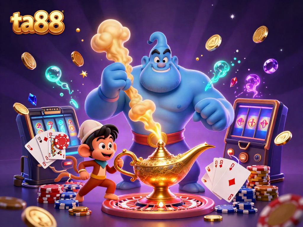 Engage with ta88's enchanting casino world featuring the magical genie, poker chips, and vibrant golden coins.