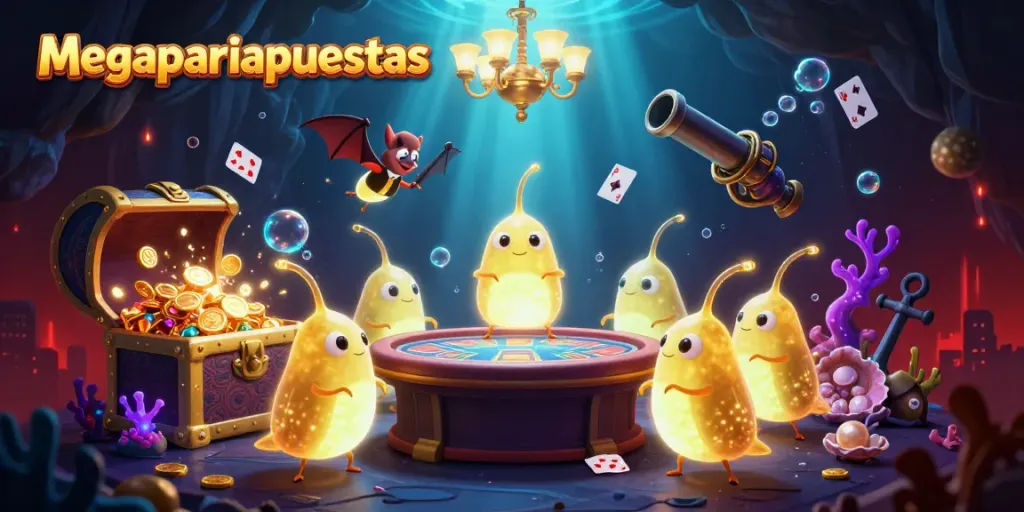 Ilustra a jugadores de megapariapuestas disfrutando de un casino en cueva lleno de tesoros y luces bioluminiscentes.