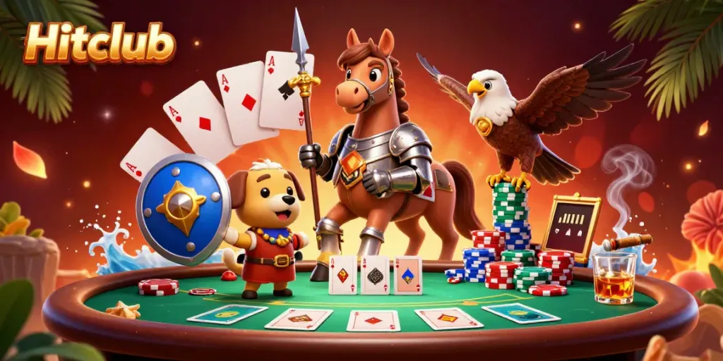 Hitclub showcases an exciting online casino scene with vibrant characters and dynamic poker action.