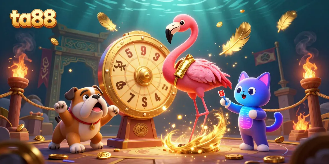Watch the vibrant action at ta88 as the flamingo spins the prize wheel, creating excitement in a dynamic casino scene.