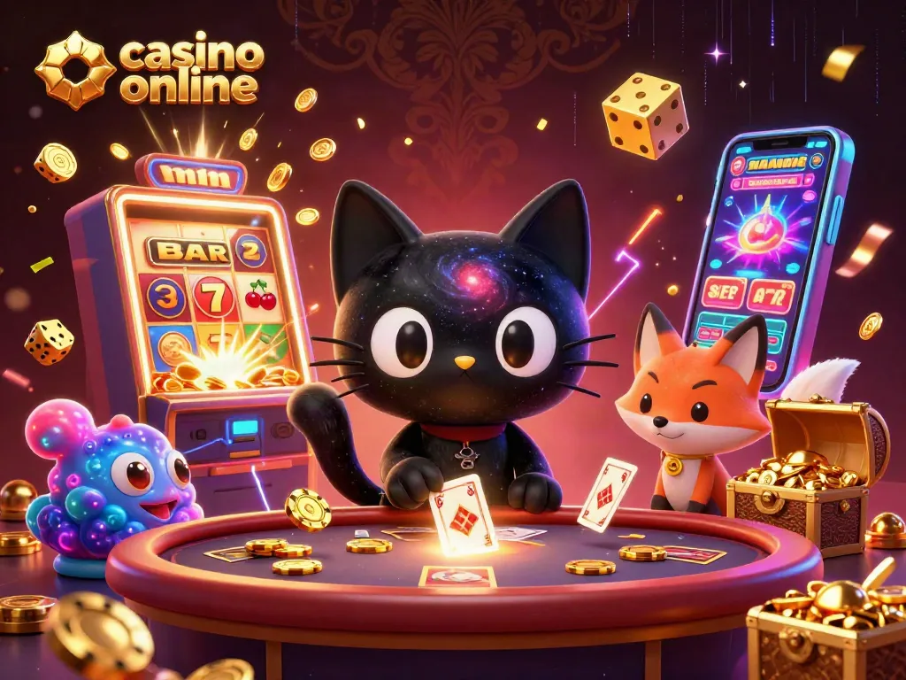 Disfruta de una emocionante experiencia de casino online con un gato cósmico que atrae fichas doradas.