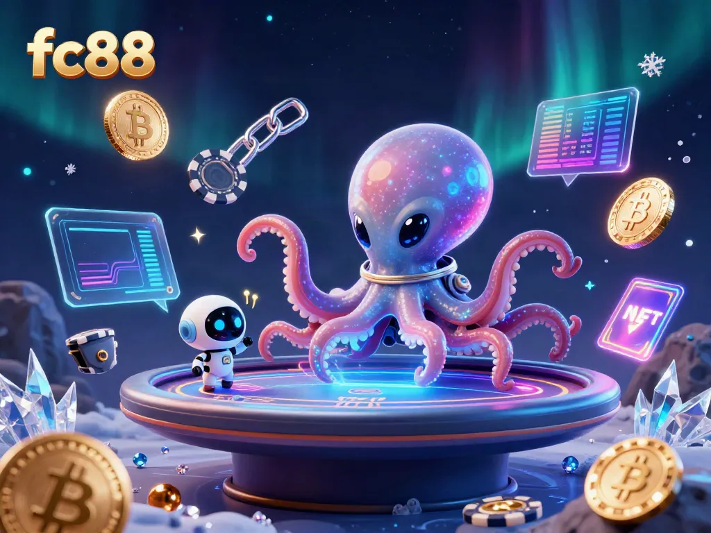 Experience exciting gaming action in fc88, featuring a colorful alien octopus at a holographic poker table.