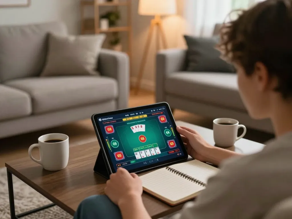 A player enjoys an engaging O8 poker game on a tablet in a cozy home setting, emphasizing responsible gambling.