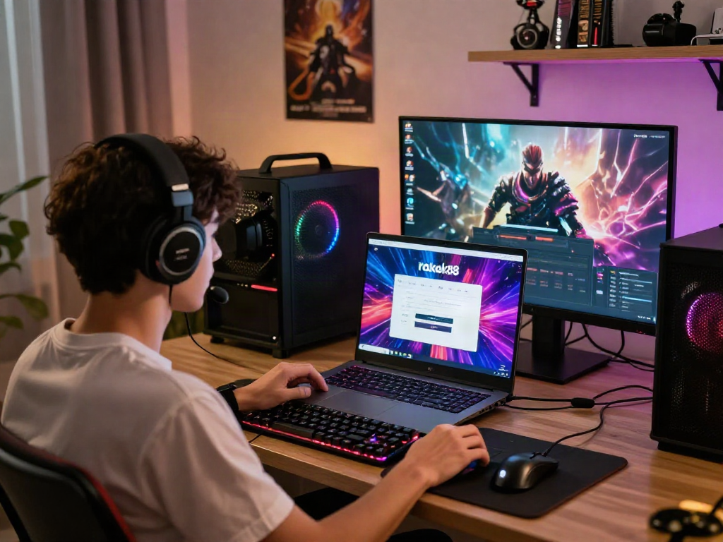 rokok88 login on a laptop in a vibrant gaming room, featuring modern gaming gear and atmosphere.